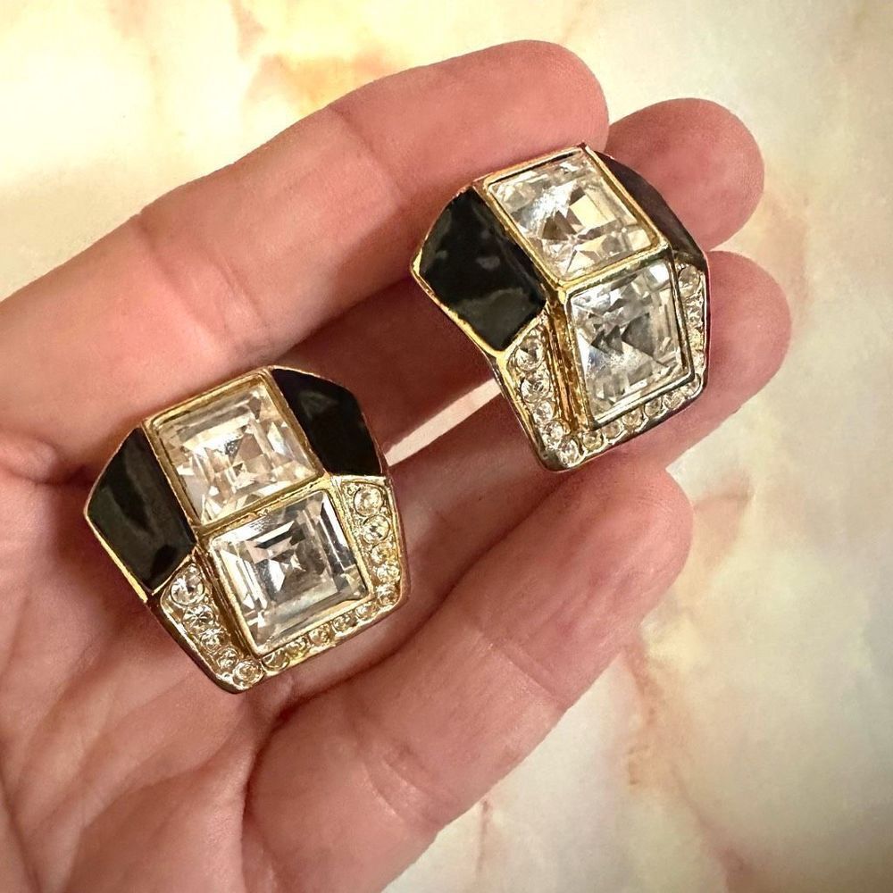 Black enamel rhinestone vintage clip on earrings